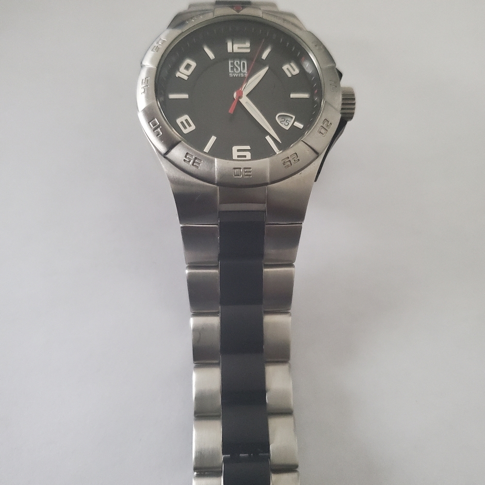 Esq Movado rally date black dial steel quartz watch